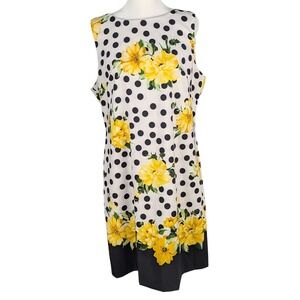 Alyx Sunflowers Polka Dots A-line Dress Sz 12 Black White Yellow Sleeveless Knee